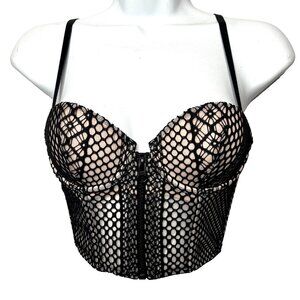 Victorias Secret Bustier Size 32B Black Nude Fishnet Very Sexy Lace Balconet Bra